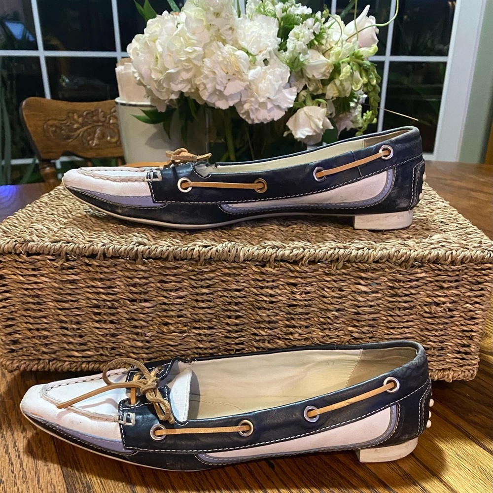 Tod’s Leather Navy, Light Blue and White Deck Shoes Size 37 or 7